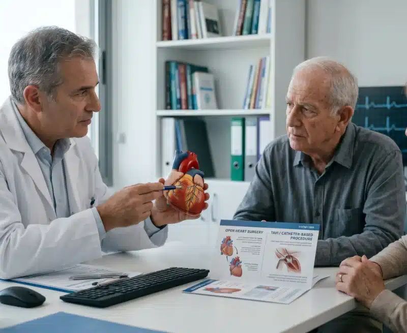 רופא מסביר על מודל לב למטופלים